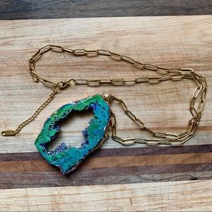 Large Geode with Druzy Paperclip Chain Gold Electroplated Pendant Necklace